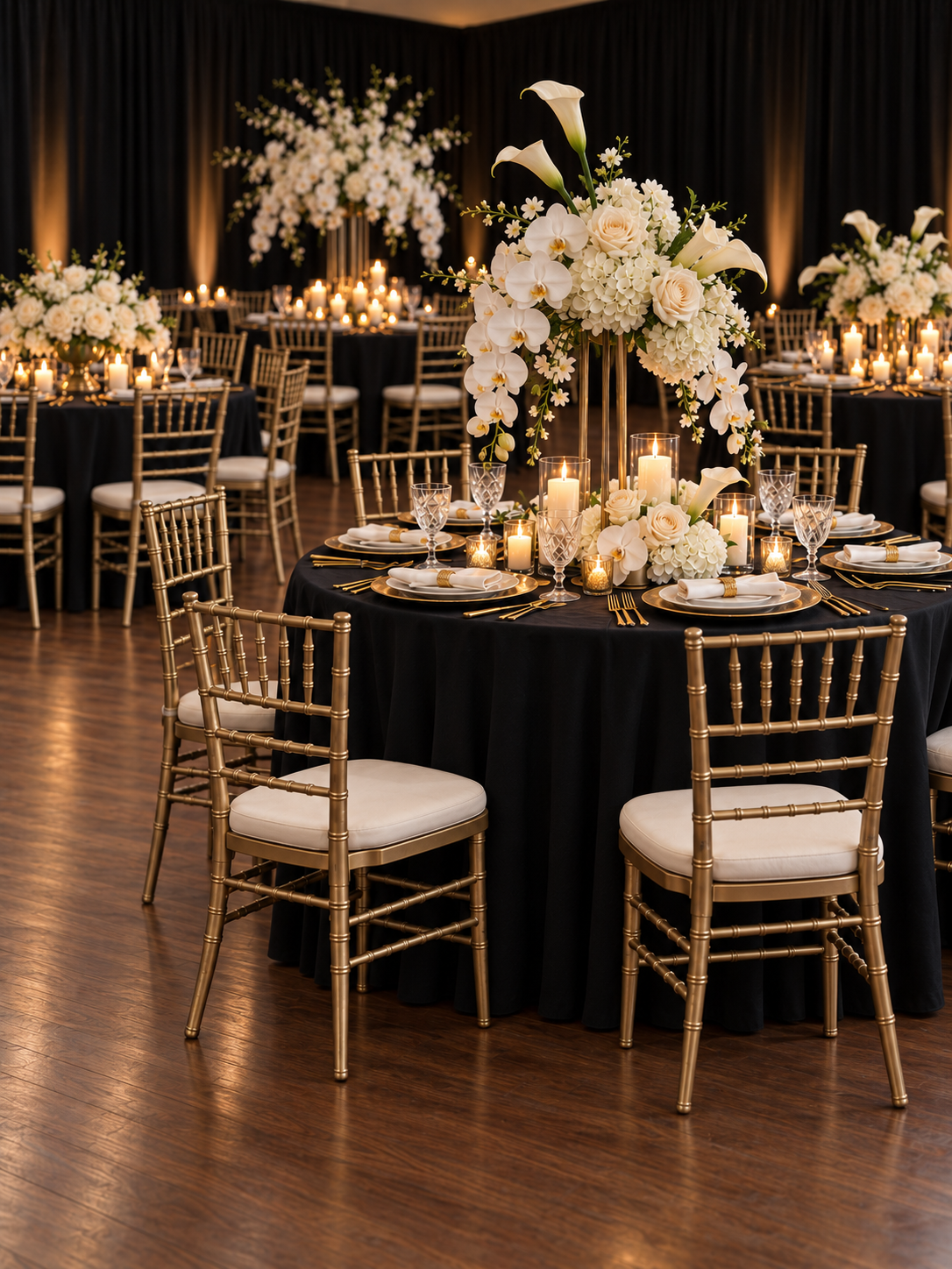 Black and gold wedding design concept with gold Chiavari chairs, varied ivory floral centerpieces and black room draping