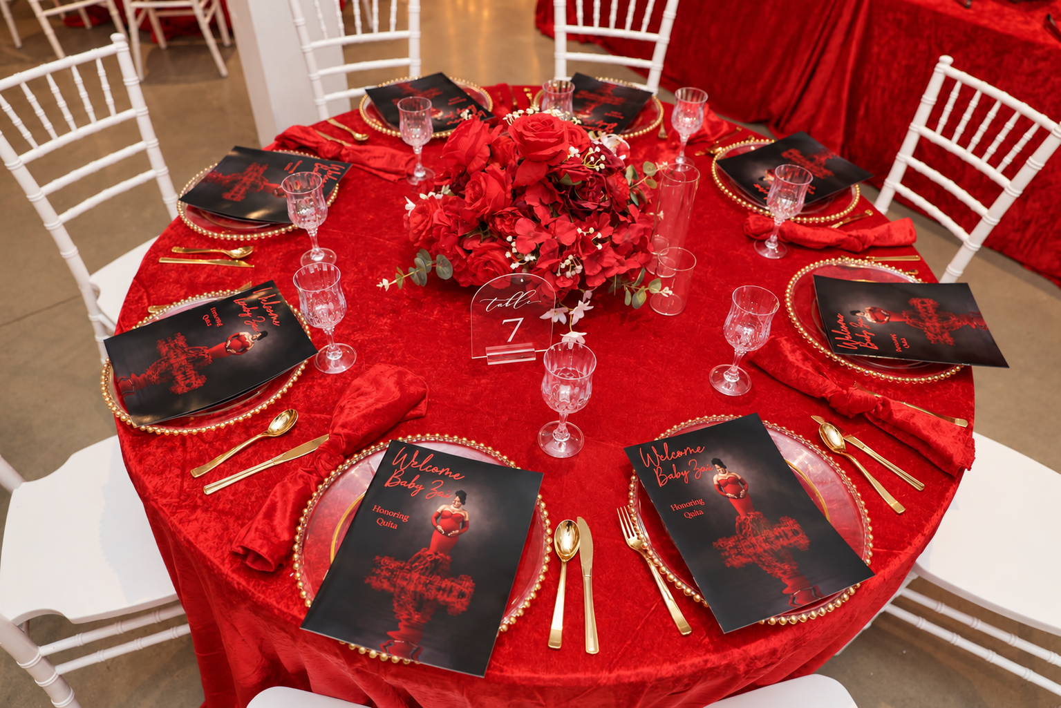 Red tablescape with floral centerpiece