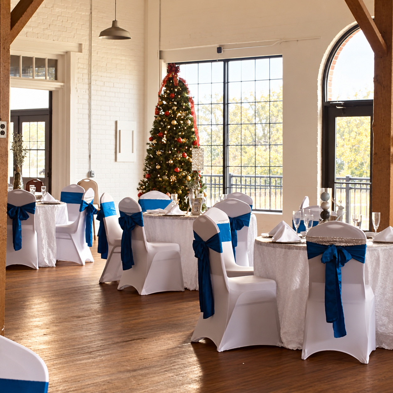 White and blue reception in a rustic venue
