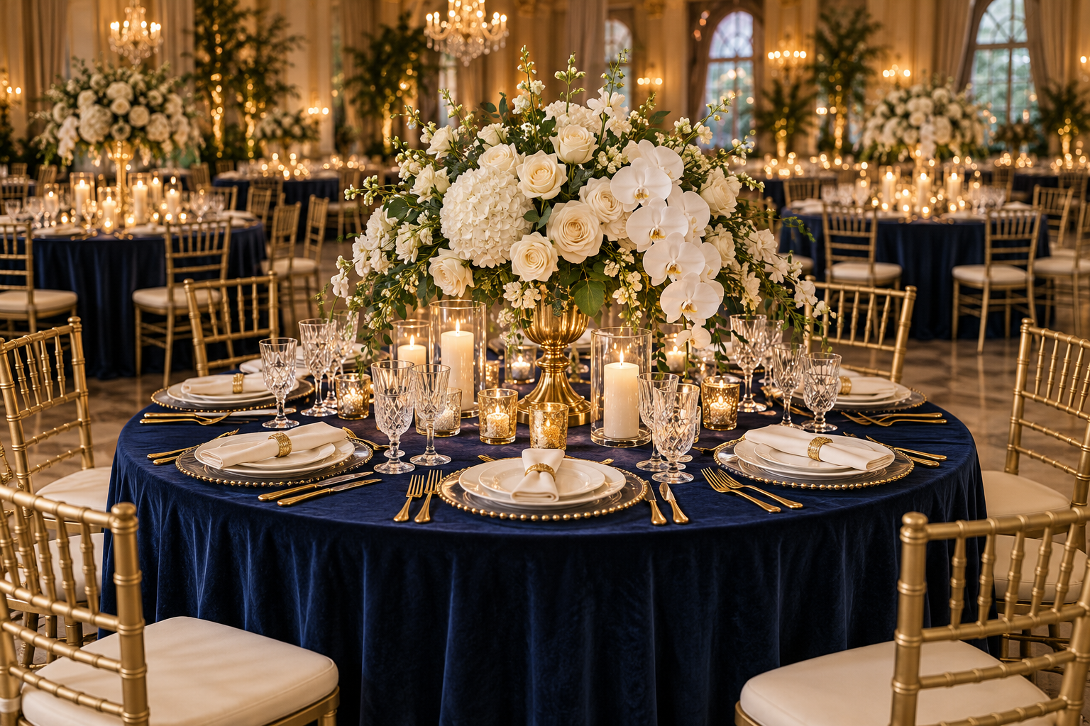 Luxury wedding design concept with navy linens, gold accents, ivory flowers, crystal glassware and candlelight